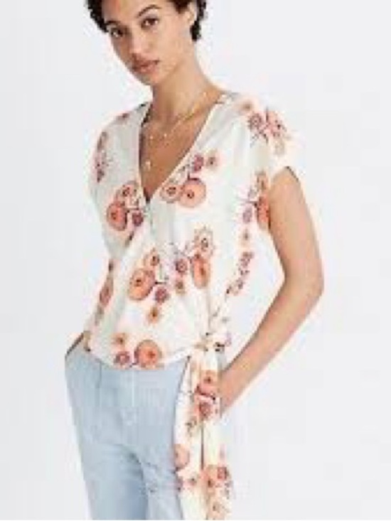 Madewell Tops - MADEWELL Floral Wrap V-Neck Short Sleeve Top - White with Coral Floral